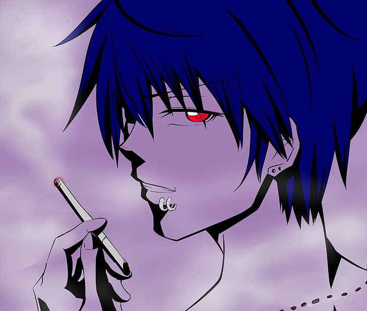 Аниме, оригинално, синя коса, момче, цигара, червени очи, пушене, HD тапет