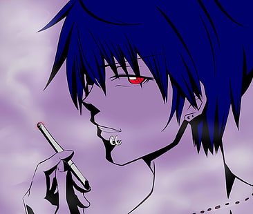 Anime, originale, capelli blu, ragazzo, sigaretta, occhi rossi, fumo, Sfondo HD HD wallpaper