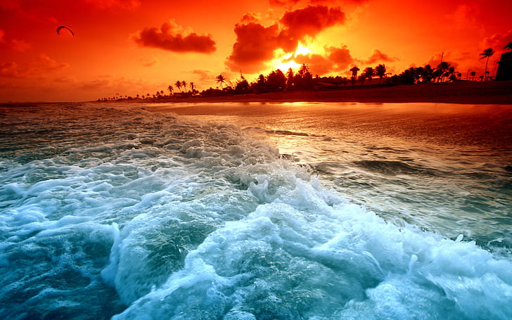 Onde del tramonto e della spiaggia della spiaggia, lunga spiaggia con acque agitate, spiaggia, tramonto, onde, Sfondo HD