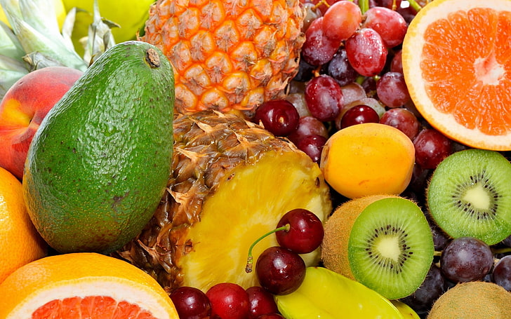 variedade de friuits, frutas, uvas, laranja, comida, kiwi (fruta), cerejas (comida), HD papel de parede