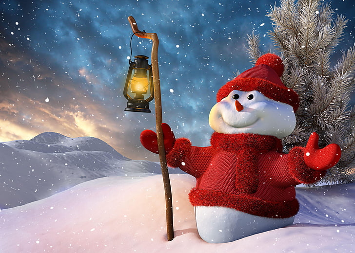 snowman illustration, new year, christmas, snowman, lamp, tree, snow, smiling, HD wallpaper