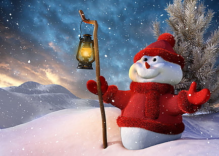 snowman illustration, new year, christmas, snowman, lamp, tree, snow, smiling, HD wallpaper HD wallpaper