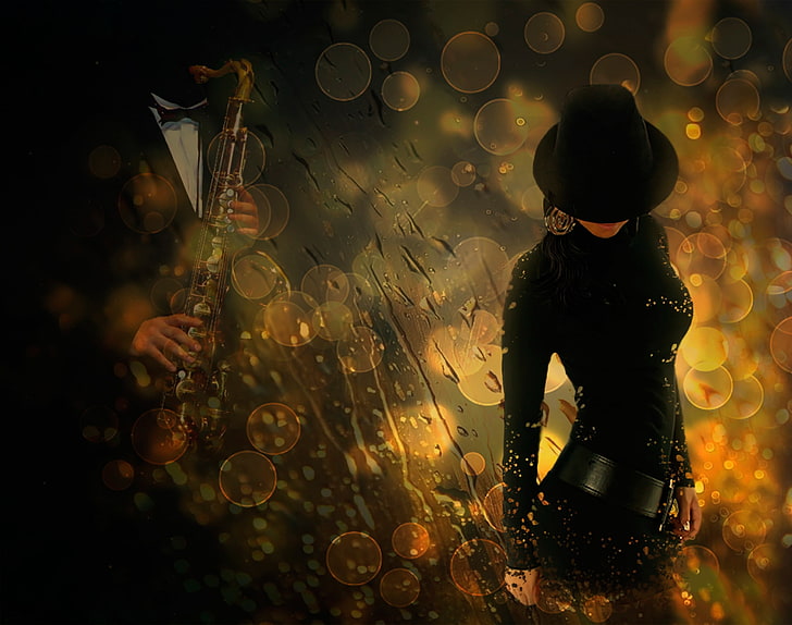 Frauen schwarzen Eimer Hut, Mädchen, Tropfen, Saxophon, Musik des Regens, HD-Hintergrundbild