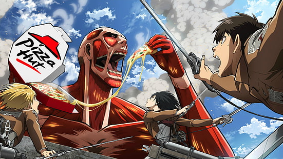 Angriff auf Titan, Shingeki no Kyojin, Eren Jeager, Armin Arlert, Mikasa Ackerman, Pizza, Parodie, Humor, HD-Hintergrundbild HD wallpaper