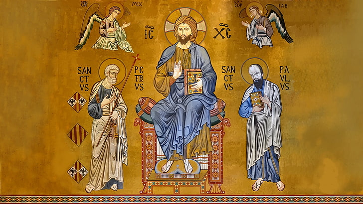 pintura de cinco personajes religiosos, Jesucristo, ortodoxo, dorado, histórico, Fondo de pantalla HD