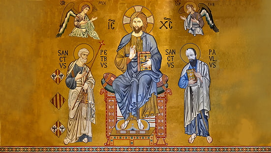 pintura de cinco personajes religiosos, Jesucristo, ortodoxo, dorado, histórico, Fondo de pantalla HD HD wallpaper