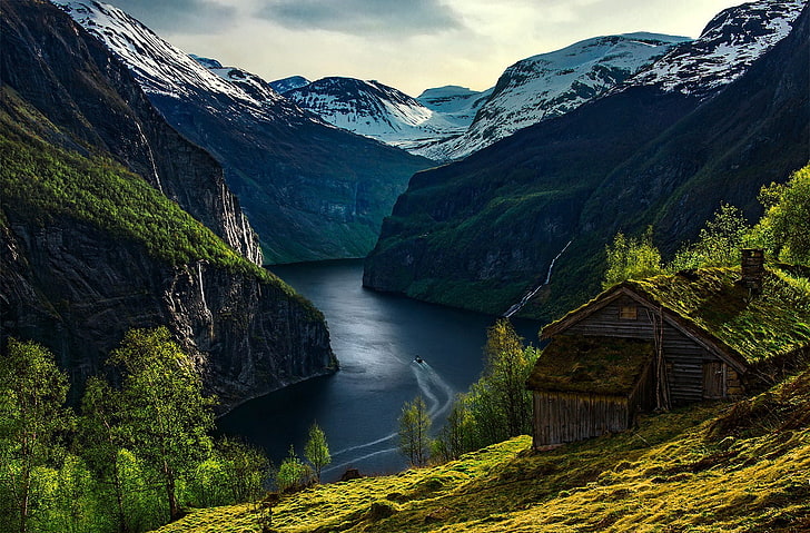 природа, пейзаж, Норвегия, река, домик, HD обои