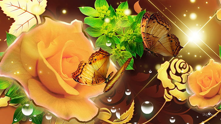 ゴールデンローズゴールデン蝶、Firefoxペルソナ、バラ、星、蝶、花、輝き、蝶、輝き、夏、3 dおよび抽象、 HDデスクトップの壁紙
