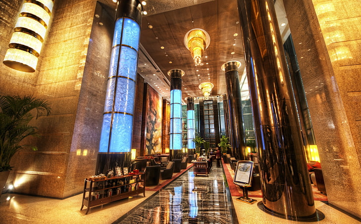 Grand Millenium Hotel à Pékin, lustre marron, Asie, Chine, Design, Architecture, Intérieur, Hôtel, Pékin, hall, Fond d'écran HD