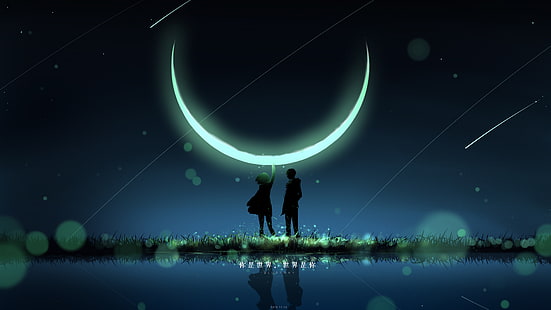 Anime, oryginał, chłopiec, dziewczyna, noc, spadająca gwiazda, Tapety HD HD wallpaper