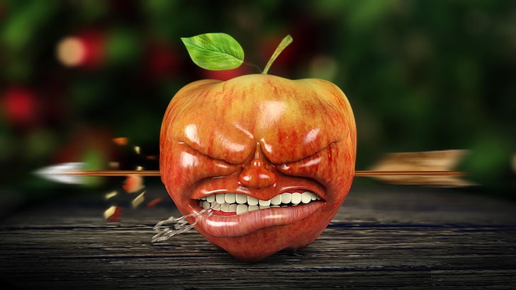 Pfeil durch rote Apfelgraphik, Honeycrisp-Apfel schoss mit Pfeil, digitale Kunst, CGI, Äpfel, 3D, Pfeile, Zähne, geschlossene Augen, Holzoberfläche, Blätter, Schärfentiefe, Schuss, HD-Hintergrundbild