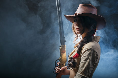 kobieta trzymająca karabin tapeta, wygląd, styl, Winchester, western, kowbojski kapelusz, bokeh, dziki zachód, tapeta., piękne tło, sprzęt amunicyjny, piękna dziewczyna Jane, w rękach karabin, Tapety HD HD wallpaper