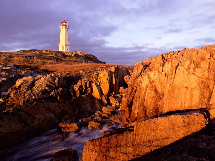 lighthouse, rocks, creeks, dusk, outdoors, HD wallpaper