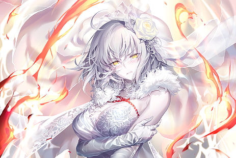 Jeanne (Alter) (Fate / Grand Order), Jeanne d'arc alter, Fate / Grand Order, Avenger (Fate / Grand Order), Berserker (Fate / Grand Order), białe włosy, żółte oczy, długie włosy, suknia ślubna, panny młode, róża, anime dziewczyny, dziewczyny z gier wideo, Fate Series, anime, Tapety HD HD wallpaper