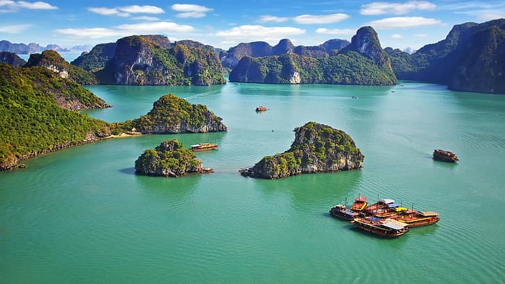 nature, landscape, island, water, boat, clouds, sky, water ripples, mountains, bay, Ha Long Bay, Vietnam, HD wallpaper