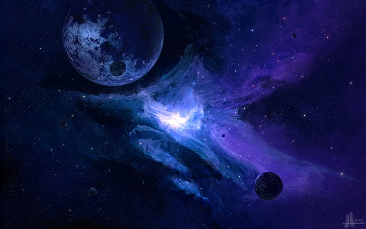 papel tapiz cósmico púrpura, espacio, render, planeta, Luna, galaxia, arte espacial, JoeyJazz, Fondo de pantalla HD