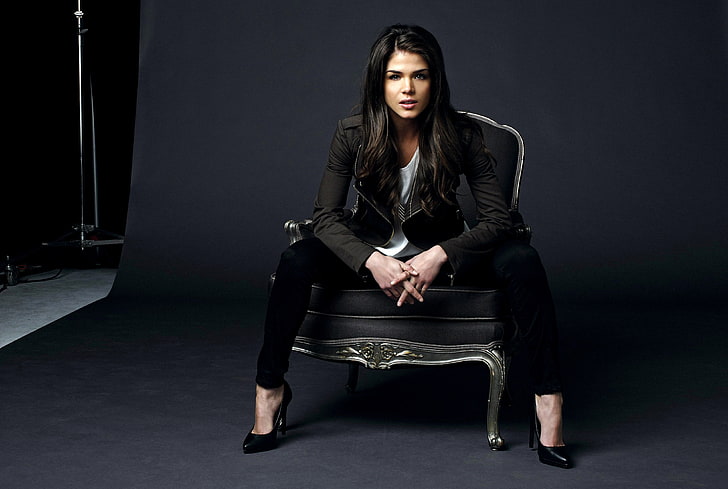 women's black blazer, women, model, brunette, long hair, Black clothes, sitting, Marie Avgeropoulos, high heels, chair, looking at viewer, open mouth, actress, studios, jacket, HD wallpaper