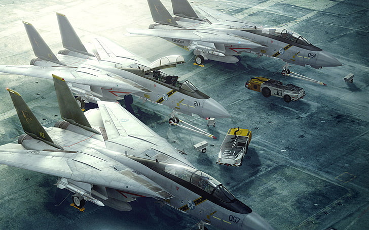 three gray fighter planes illustration, strip, fighter, jet, f-14, tomcat, loaders, takeoff, HD wallpaper