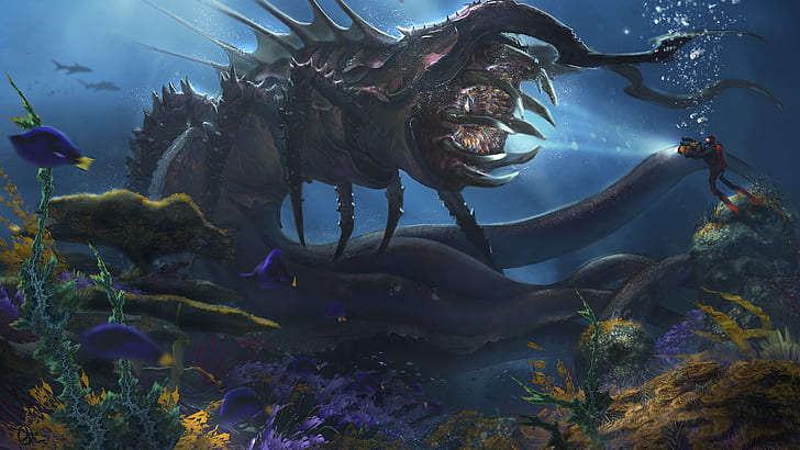 Fantasy, Sea Monster, Creature, Diving, Underwater, HD wallpaper