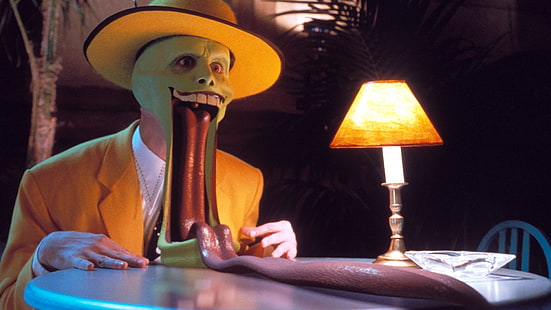 Captura de pantalla de la película The Mask, máscara, jim carrey, stanley ipkiss, lengua, grande, sombrero, sorpresa, Fondo de pantalla HD HD wallpaper