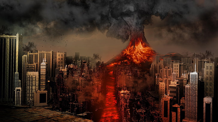 volcanic eruption, city, buildings, eruption, volcano, smoke, art, HD wallpaper