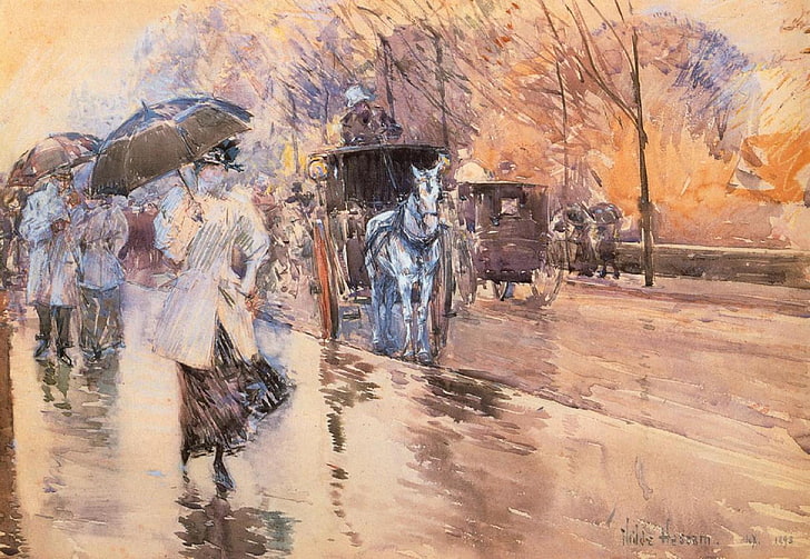 horse carousel on road painting, people, rain, picture, Frederick Childe Hassam, impressionism, HD wallpaper