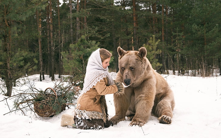 여자, 겨울, 눈, 곰, 동물, HD 배경 화면