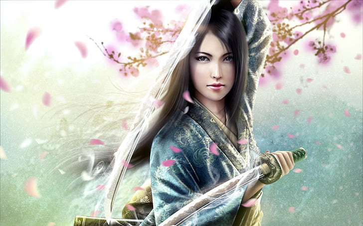 artwork, katana, sword, women, HD wallpaper