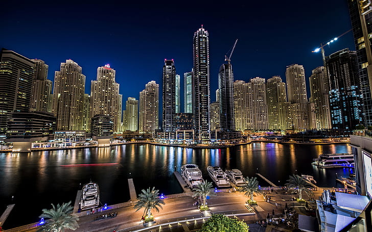 دبي مارينا ليلة ضوء المناظر الطبيعية في مدينة الإمارات العربية المتحدة خلفية فائقة الدقة لسطح المكتب للهواتف المحمولة وأجهزة الكمبيوتر المحمولة 3840 × 2400، خلفية HD
