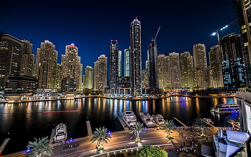 Dubai Marina Night Light City Landscape Emiratos Árabes Unidos Ultra HD fondo de pantalla para teléfonos móviles de escritorio y portátiles 3840 × 2400, Fondo de pantalla HD HD wallpaper