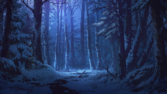 snow, stream, twilight, art, winter forest, Iku Can To Ada, HD wallpaper HD wallpaper