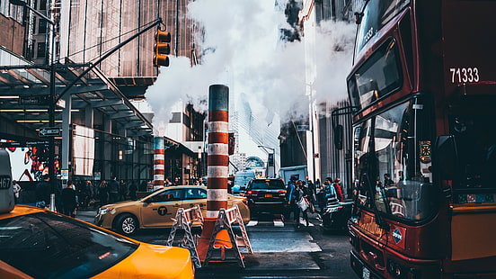 coche amarillo, ciudad de Nueva York, autobuses, taxi de Nueva York, taxi, humo, semáforos, calle, Fondo de pantalla HD HD wallpaper