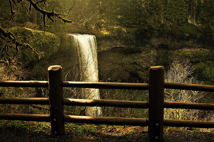 earth, falls, fence, forest, park, silver, state, waterfall, HD wallpaper