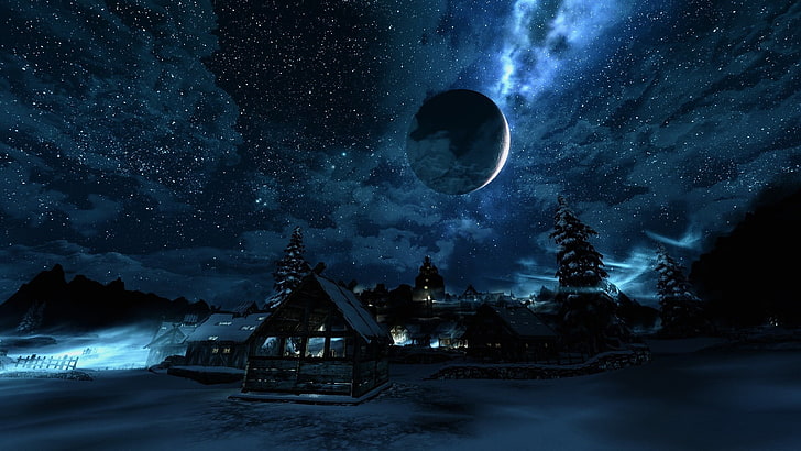 قرية مغطاة بالثلوج أثناء خلفية الليل ، The Elder Scrolls V: Skyrim ، لقطة شاشة، خلفية HD