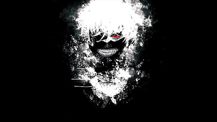 black and white monster wallpaper, Anime, Tokyo Ghoul, Boy, Ken Kaneki, Mask, Red Eyes, Teeth, White Hair, HD wallpaper