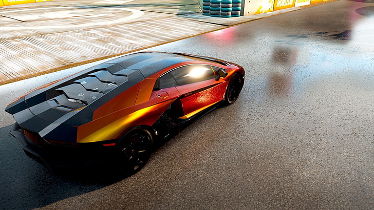 Lamborghini Aventador negro y rojo, Lamborghini, Lamborghini Aventador, Forza Horizon 2, videojuegos, coche, Fondo de pantalla HD