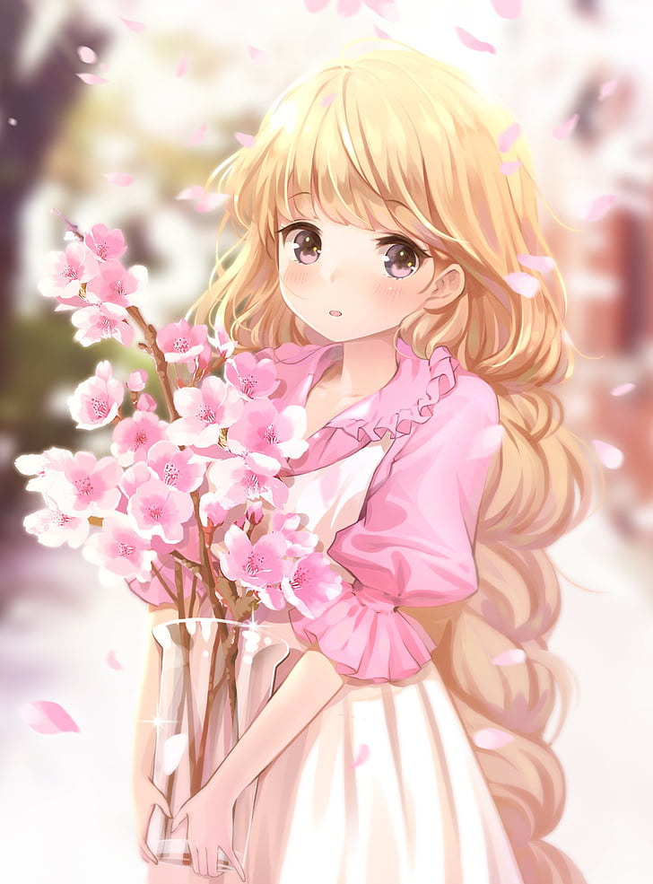 anime, blonde, cute, flower, girl, hair, long, miyaza, original, HD wallpaper