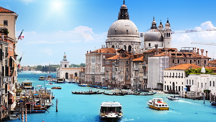 вода, Санта Мария дела салют, Европа, Италия, Венеция, Гранд канал, кабинков лифт, сграда, градски пейзаж, воден път, канал, туризъм, туристическа атракция, град, небе, град, забележителност, HD тапет