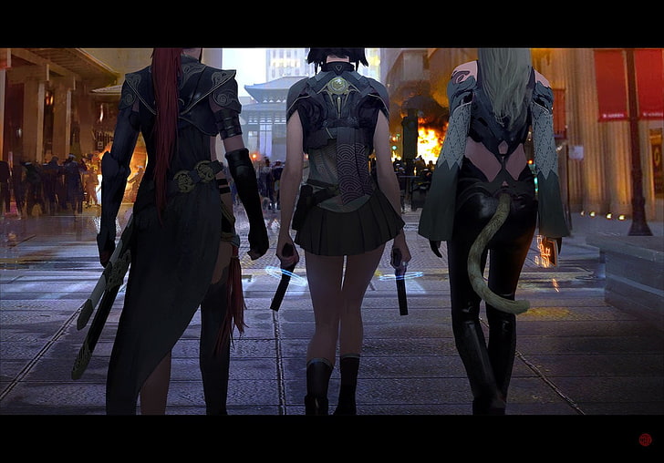 три аниме персонажа постер, произведение искусства, научная фантастика, Urban Legends: Tale of the Cyberking, HD обои