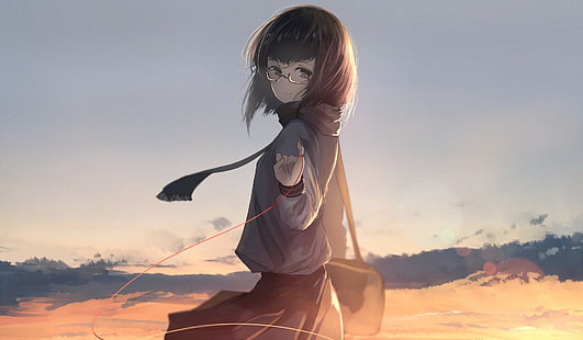 Anime Mädchen, kurze Haare, Schuluniform, Meganekko, Schal, Anime, HD-Hintergrundbild HD wallpaper