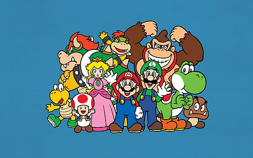 Super Mario wallpaper, Mario Bros., Luigi, Yoshi, Princess Peach, Donkey Kong, Toad (character), video games, Nintendo, minimalism, HD wallpaper HD wallpaper