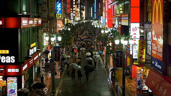 Japan Street, дождь, Токио, Япония, зонтик, люди, улица, HD обои HD wallpaper