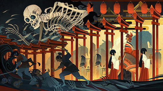 Asia, artwork, fantasy art, skull, bones, skeleton, Ukiyo-e, HD wallpaper HD wallpaper