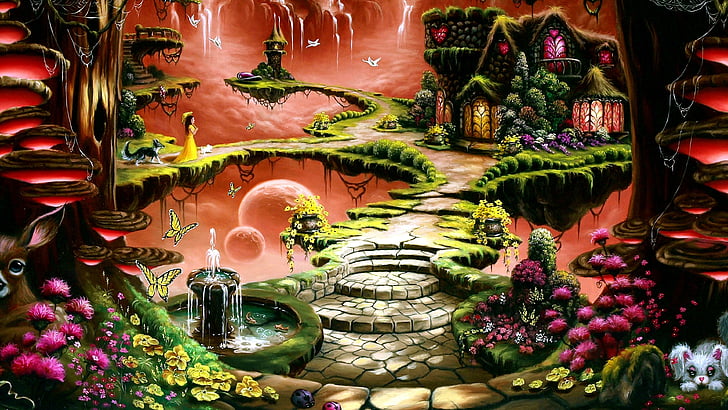 tierra de fantasía, arte de fantasía, conejo blanco, jardín, flotador, fuente, escaleras, mundo de fantasía, cuento de hadas, tierra de los sueños, ilustración, arte, obra de arte, Fondo de pantalla HD