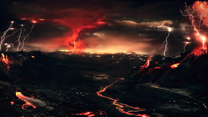 вулкан, катастрофа, конец света, дым, фэнтези-арт, молния, ночь, спецэффекты, удар молнии, геологическое явление, тьма, вулканический рельеф, явление, атмосфера, извержения вулканов, лава, небо, HD обои