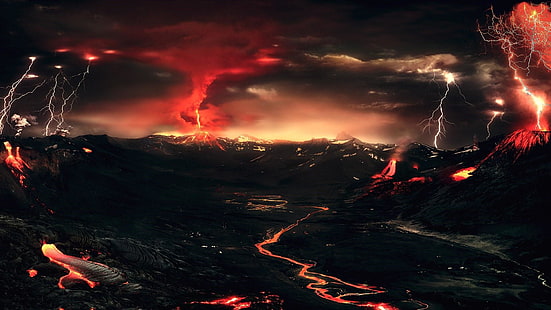 vulcão, desastre, dia do juízo final, fumaça, arte da fantasia, relâmpago, noite, efeitos especiais, curto circuito, fenômeno geológico, trevas, forma de relevo vulcânica, fenômeno, atmosfera, erupções vulcânicas, lava, céu, HD papel de parede HD wallpaper