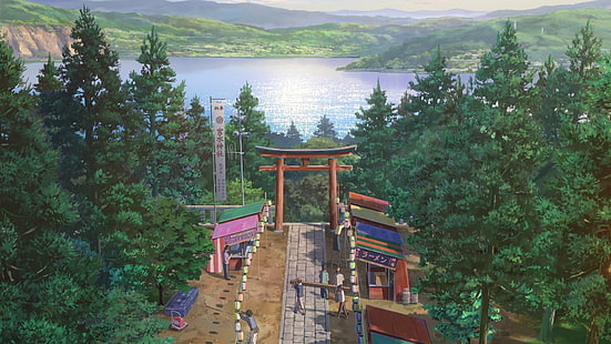 Аниме, твоето име., Фестивал, Kimi No Na Wa., Езеро, планина, природа, дърво, HD тапет HD wallpaper