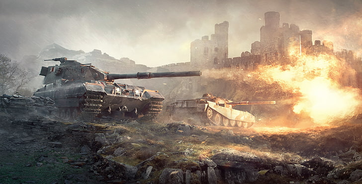 gray fighter tank digital wallpaper, castle, flame, shot, tanks, World of tanks, WoT, British, HD wallpaper