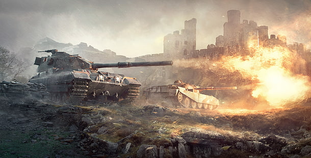 сив боен танк дигитален тапет, замък, пламък, изстрел, танкове, World of tanks, WoT, британски, HD тапет HD wallpaper
