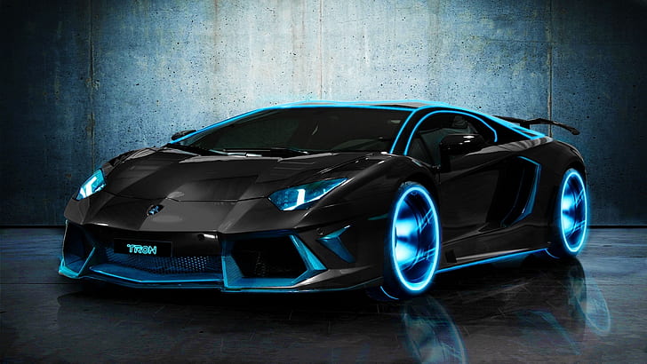 TRON Lamborghini Aventador, черен спортен автомобил, lamborghini, tron, aventador, HD тапет